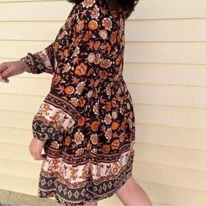 Anthropologie Floral Long Sleeve Dress - Black and Orange